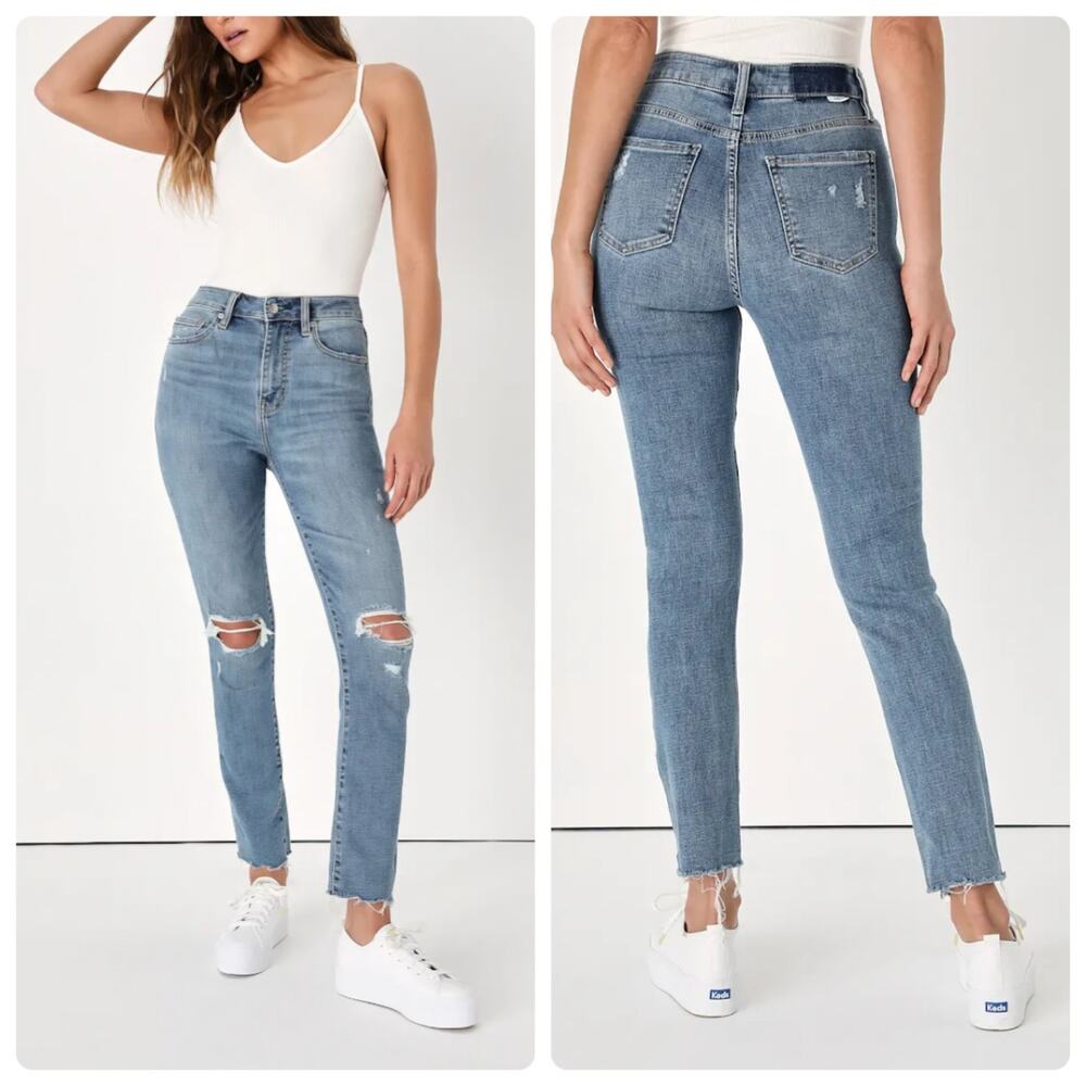 DAZE Repreve High Rise Distressed Skinny Jeans Size 29 Raw Hem Light Wash